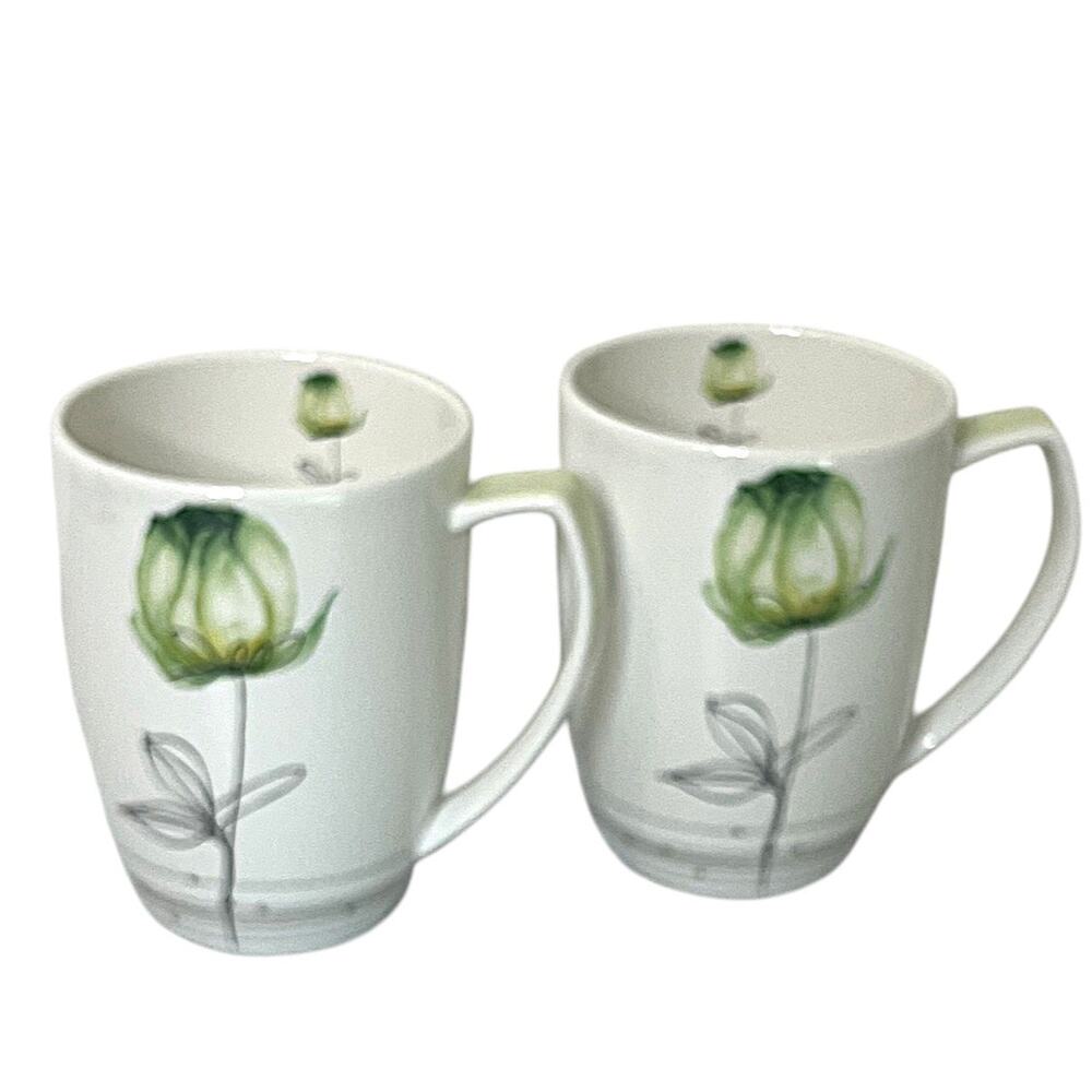 Set of 2 Hankook Nano 1583 Lamour Green Coffee Mugs Floral Ceramic Cups Korea